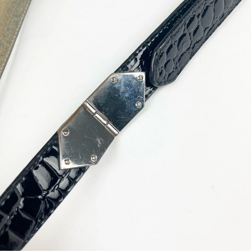 Chico’s Black Embossed Patent Leather Belt Silver Accents